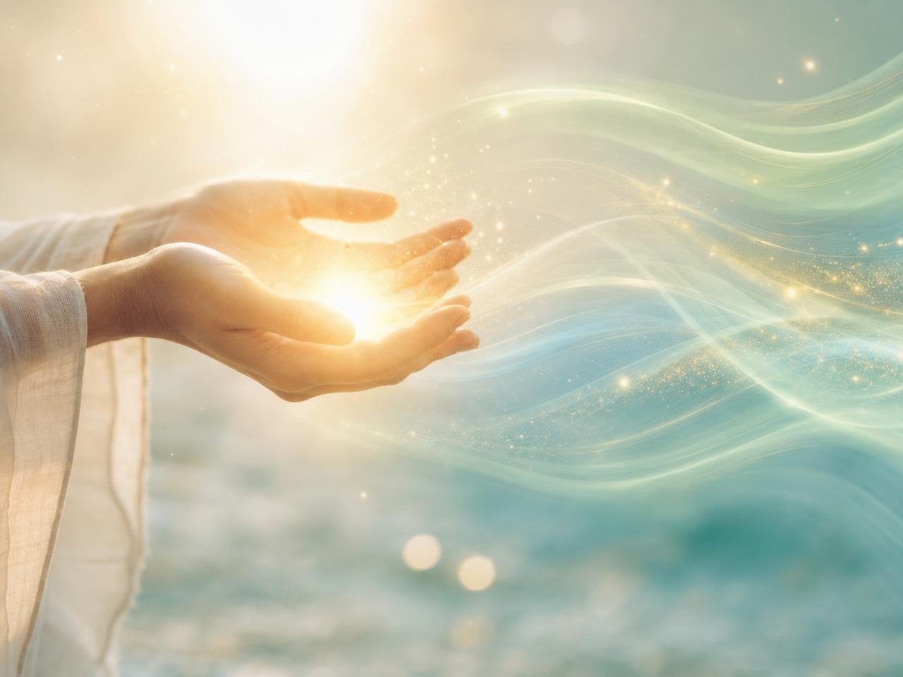 Hände mit warmem goldenem Heillicht und sanften energetischen Wellen