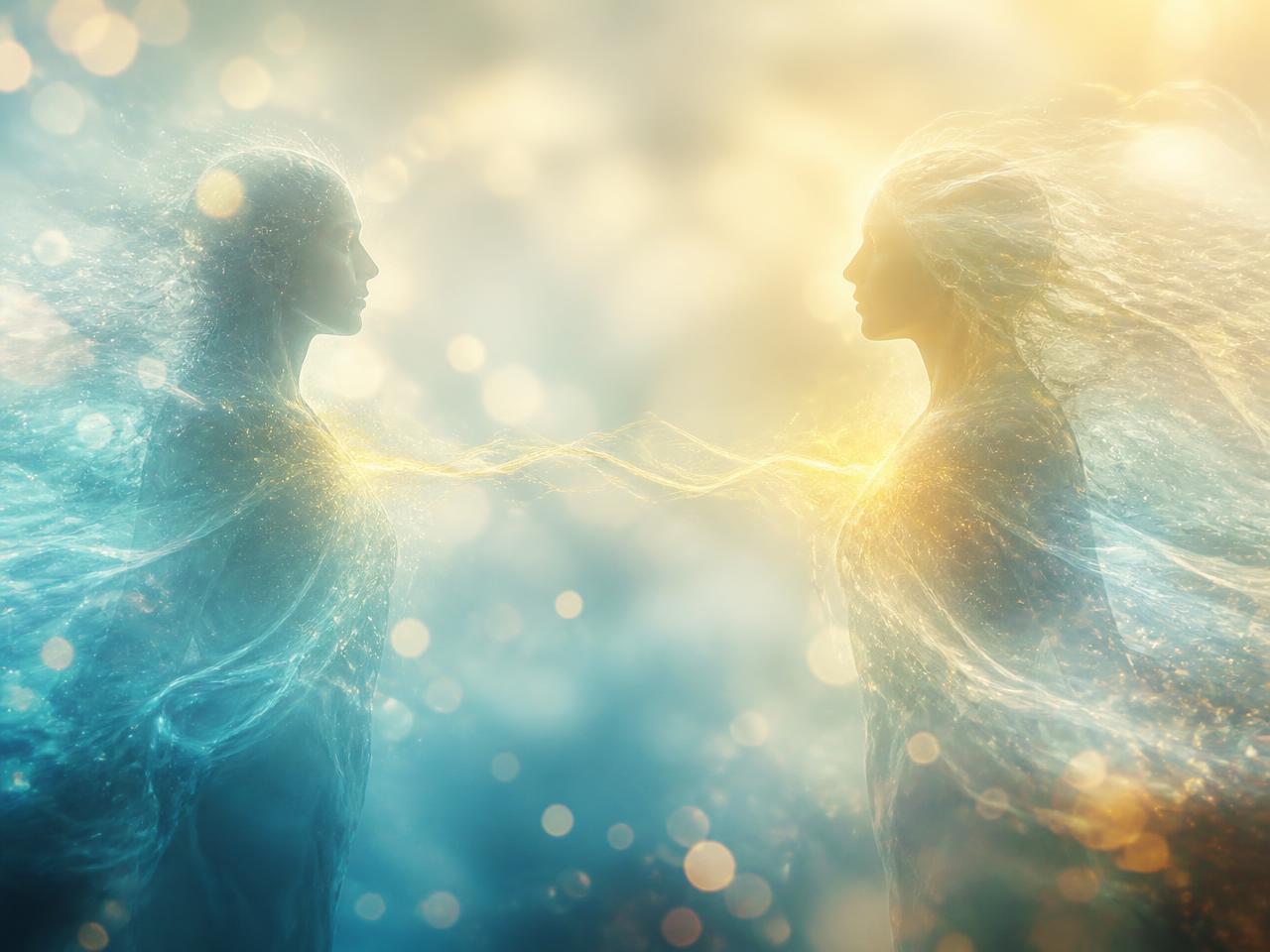 Zwei lichtvolle Seelenfiguren, verbunden durch einen goldenen Lichtfaden — Sinnbild der Seelenpartnerverbindung