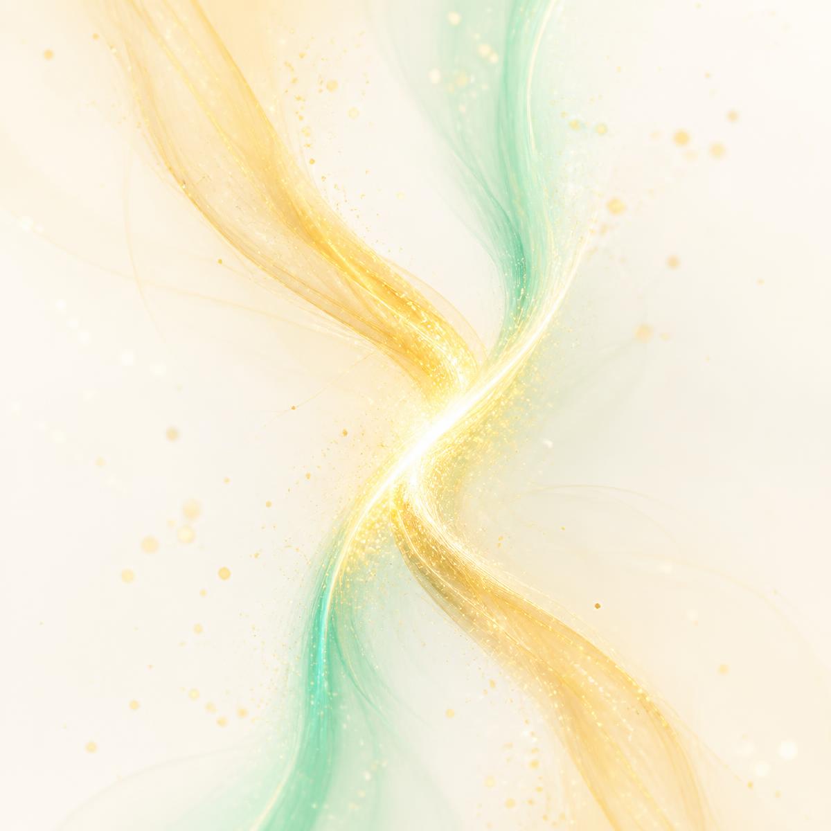 Zwei Lichtströme in Gold und Mint, die sich verbinden — Symbol der Dualseelen-Verbindung