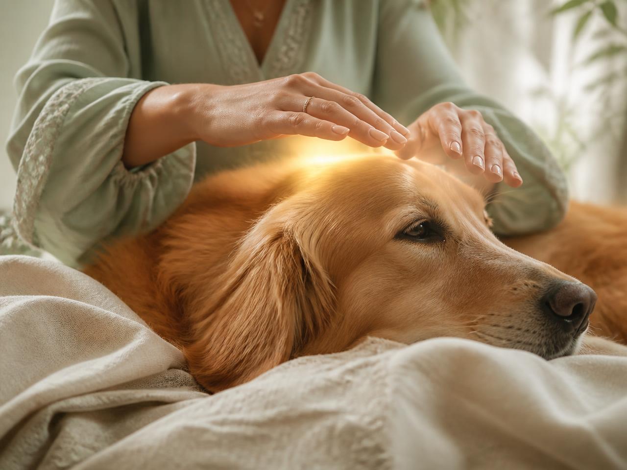 Hände über einem entspannt liegenden Hund mit warmem goldenem Heillicht