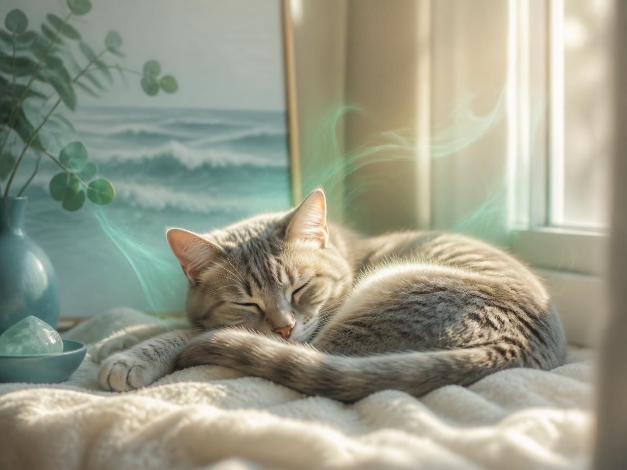 Entspannt schlafende Katze in warmem Licht mit sanfter energetischer Aura